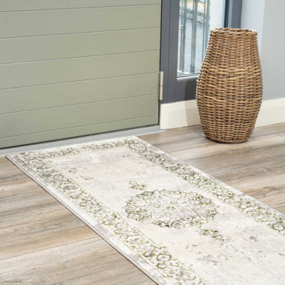 Olive Green Grey Traditional Medallion Bordered Living Runner Rug 70x240cm