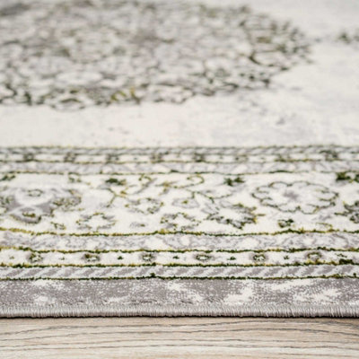 Olive Green Grey Traditional Medallion Bordered Living Runner Rug 70x240cm