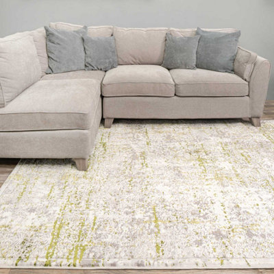 Olive Green Grey Tweed Floral Embossed Living Area Rug 160x230cm