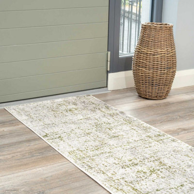 Olive Green Grey Tweed Floral Embossed Living Runner Rug 70x240cm