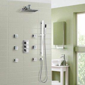 Olive Square 3 Way Concealed Thermostatic Shower Mixer Set - Shower Head, Handset & Body Jets