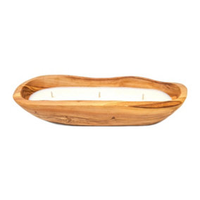 Olive Wood Boat Natural Soy Wax Candle 25cm