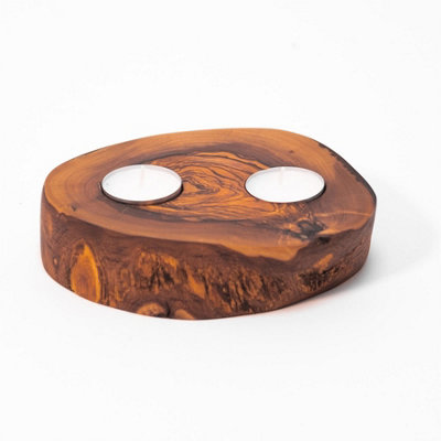 Olive Wood Natural Grained Home Décor Rustic Tea Light Holder (Diam) 14cm