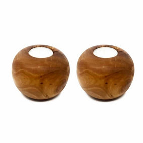 Olive Wood Natural Grained Home Décor Set of 2 Rustic Tea Light Balls (H) 8.5cm