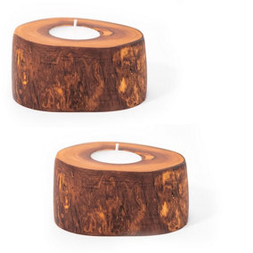 Olive Wood Natural Grained Home Décor Set of 2 Rustic Tea Light Holders (Diam) 9cm