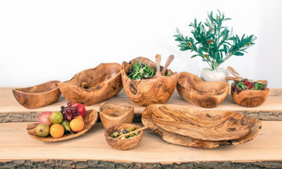 Olive Wood Natural Grained Kitchen Dining Rustic Food Serving Bowl (L) 23cm