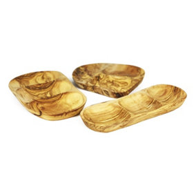 Olive Wood Natural Grained Rustic Kitchen Dining 3 Section Snack Dish 27cm x 20cm