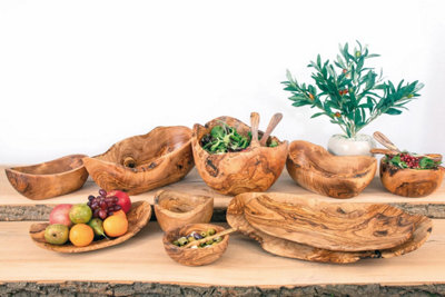 Olive Wood Natural Grained Rustic Kitchen Dining Handmade Curved Floating Fruit Basket (L) 30cm