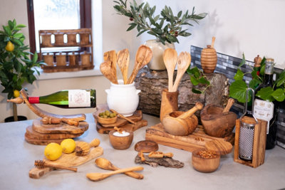 Olive Wood Natural Grained Rustic Kitchen Dining Handmade Curved Floating Fruit Basket (L) 30cm