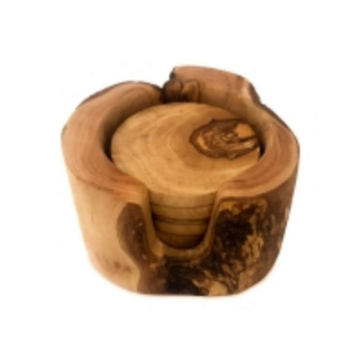 Olive Wood Natural Grained Rustic Kitchen Dining Handmade Set of 6 Coasters In Box 8cm