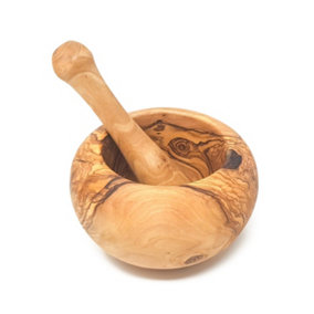 Olive Wood Natural Grained Rustic Kitchen Dining Round Pestle & Mortar (Diam) 14cm