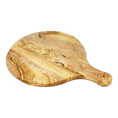 Olive Wood Natural Grained Rustic Kitchen Dining Round Serving/Pizza Plate w/ Handle 32cm