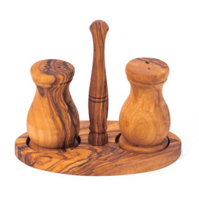 Olive Wood Natural Grained Rustic Kitchen Dining Salt & Pepper Pots and Stand (L) 12.5cm