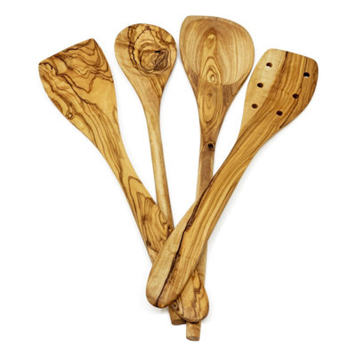 Olive Wood Natural Grained Rustic Kitchen Dining Utensil Set (L) 25-30cm