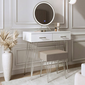 Olivia Dressing Table with Stool Set - Makeup & Vanity Desk with Touch Sensor LED Light, Round Mirror, Drawers - White