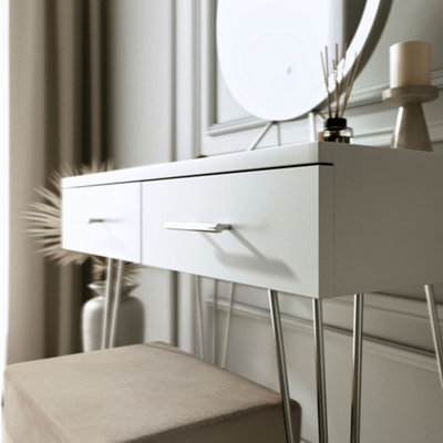 Olivia Dressing Table with Stool Set - Makeup & Vanity Desk with Touch Sensor LED Light, Round Mirror, Drawers - White