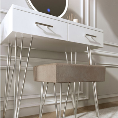 Olivia Dressing Table with Stool Set - Makeup & Vanity Desk with Touch Sensor LED Light, Round Mirror, Drawers - White