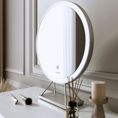 Olivia Dressing Table with Stool Set - Makeup & Vanity Desk with Touch Sensor LED Light, Round Mirror, Drawers - White