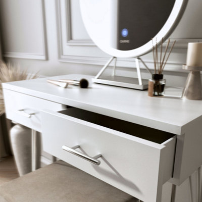 Olivia Dressing Table with Stool Set - Makeup & Vanity Desk with Touch Sensor LED Light, Round Mirror, Drawers - White