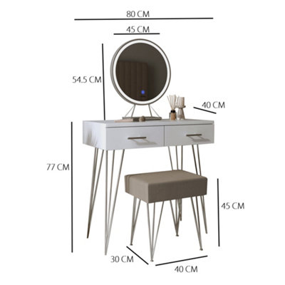 Olivia Dressing Table with Stool Set - Makeup & Vanity Desk with Touch Sensor LED Light, Round Mirror, Drawers - White