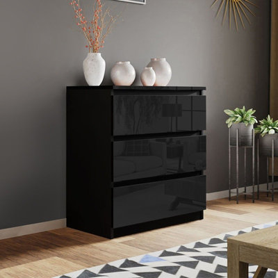 Olivia Gloss Black 3 Drawer Freestanding Wide Chest