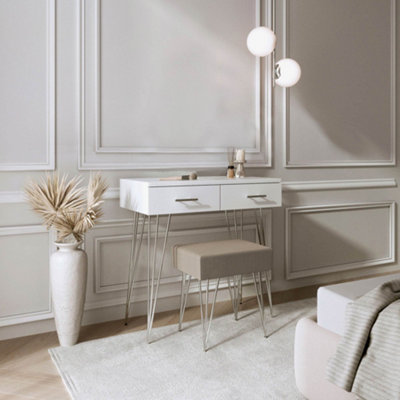 Olivia White Dressing Table and Stool Set - 2 Large Drawers Padded Stool Metal Legs