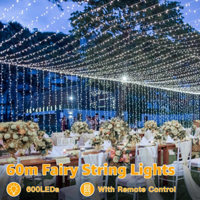Ollny Bright Fairy Lights 60m 600 LED Cool White Mains Powered String ...