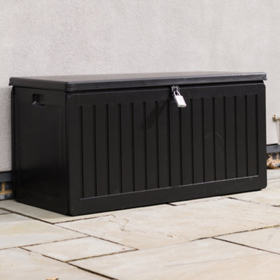 Olsen & Smith 270L Capacity Outdoor Garden Storage Box With Padlock Plastic Shed - Weatherproof & Sit On with Wood Effect