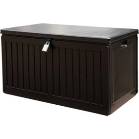 Olsen & Smith 270L MASSIVE Capacity Outdoor Garden Storage Box With Padlock Plastic Shed - Weatherproof & Sit On with Wood Effect