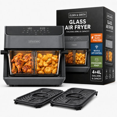 Olsen & Smith Smart 2200W Dual Zone Air Fryer 8L Glass Pot WiFi Connected Air Fryer with Tuya App, Touch Controls, Visible Cooking