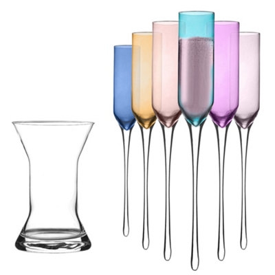 Ombre Metallic Champagne Glasses Set Of 6 Coloured Stemless Party Drinking Flutes With Vase Holder