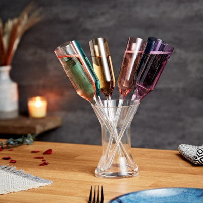 Ombre Metallic Champagne Glasses Set Of 6 Coloured Stemless Party Drinking Flutes With Vase Holder