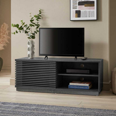 One Door TV Unit Television Stand Entertainment Cabinet Slatted Design Grey Oak Effect