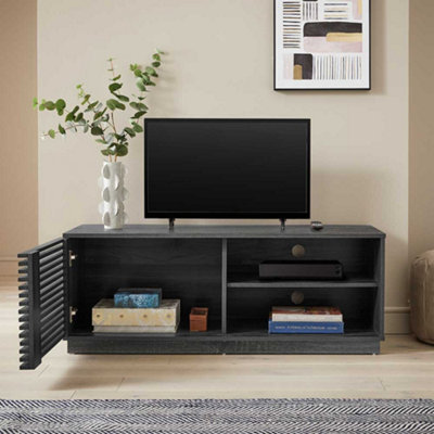 One Door TV Unit Television Stand Entertainment Cabinet Slatted Design Grey Oak Effect