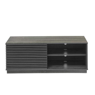 One Door TV Unit Television Stand Entertainment Cabinet Slatted Design Grey Oak Effect