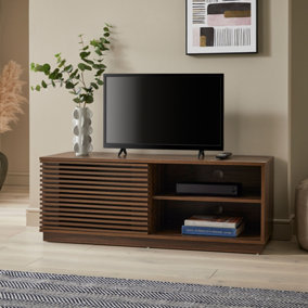 One Door TV Unit Television Stand Entertainment Cabinet Slatted Design Walnut Wood Grain Effect