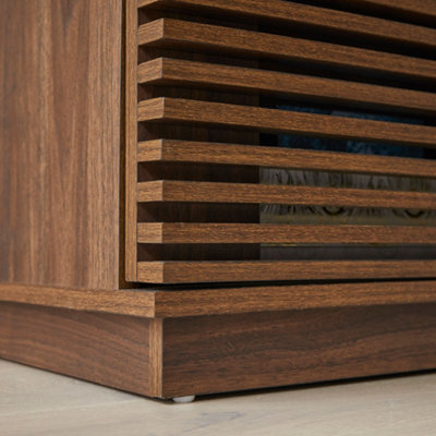 One Door TV Unit Television Stand Entertainment Cabinet Slatted Design Walnut Wood Grain Effect