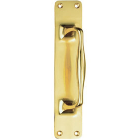 One Piece Door Pull Handle on Backplate 297mm Length Polished Brass