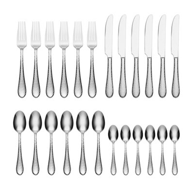 Oneida Tibet Hammered Silver Stainless Steel Dishwasher Safe Rustproof Cutlery Set Pack of 24