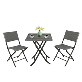 Onemill 3 Pieces Rattan Patio Set of Foldable Patio Table and Chairs(Grey)