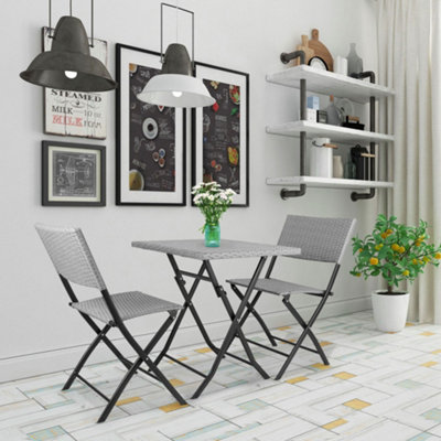 Onemill 3 Pieces Rattan Patio Set of Foldable Patio Table and Chairs(Grey) - 6