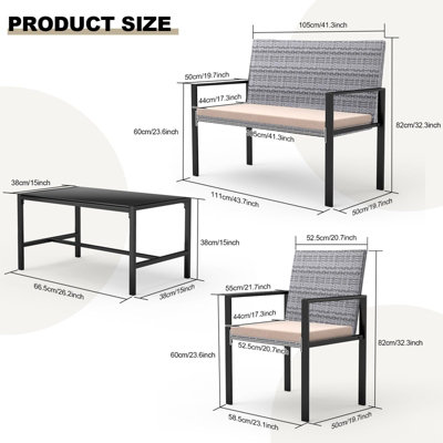 Onemill New Style-4 Pieces Patio Furniture Set with Glass Coffee Table(Grey - 4