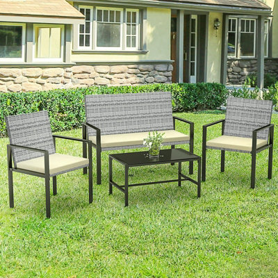 Onemill New Style-4 Pieces Patio Furniture Set with Glass Coffee Table(Grey - 5
