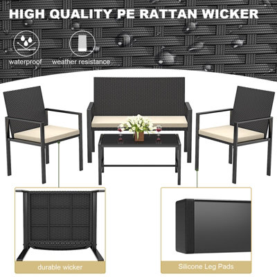Onemill New Style-4 Pieces Patio Furniture Set with Glass Coffee Table