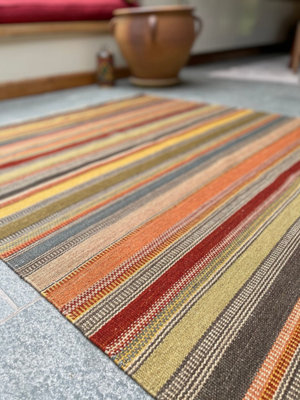 Ooty Kilim Rug Handmade in Rich Wool Multi Colour Stripes / 75 cm x 120 cm