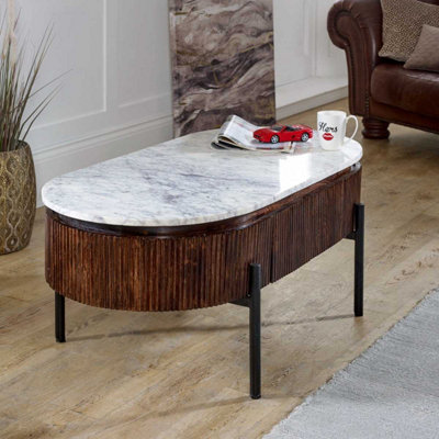 Opal Mango Wood Rectangular Fluted Coffee Table With Marble Top & Metal ...