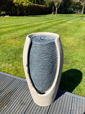 Open Vase White/Grey Water Feature with LED Lights - Solar Powered 27x25x50cm