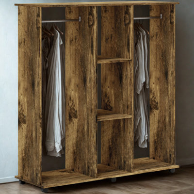 Open Wardrobe Clothes Rail With Storage Shelves on Wheels Rustic