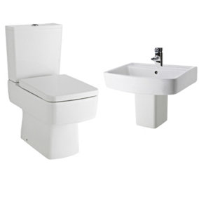 Optic Square Ceramic Bathroom Bundle - Compact Semi Flush to Wall Pan and Cistern, Seat, 1 Tap Hole 520mm Basin and Semi Pedestal