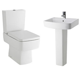 Optic Square Ceramic Bundle - Compact Semi Flush to Wall Toilet Pan & Cistern, Seat, 520mm Basin & Full Pedestal - Balterley